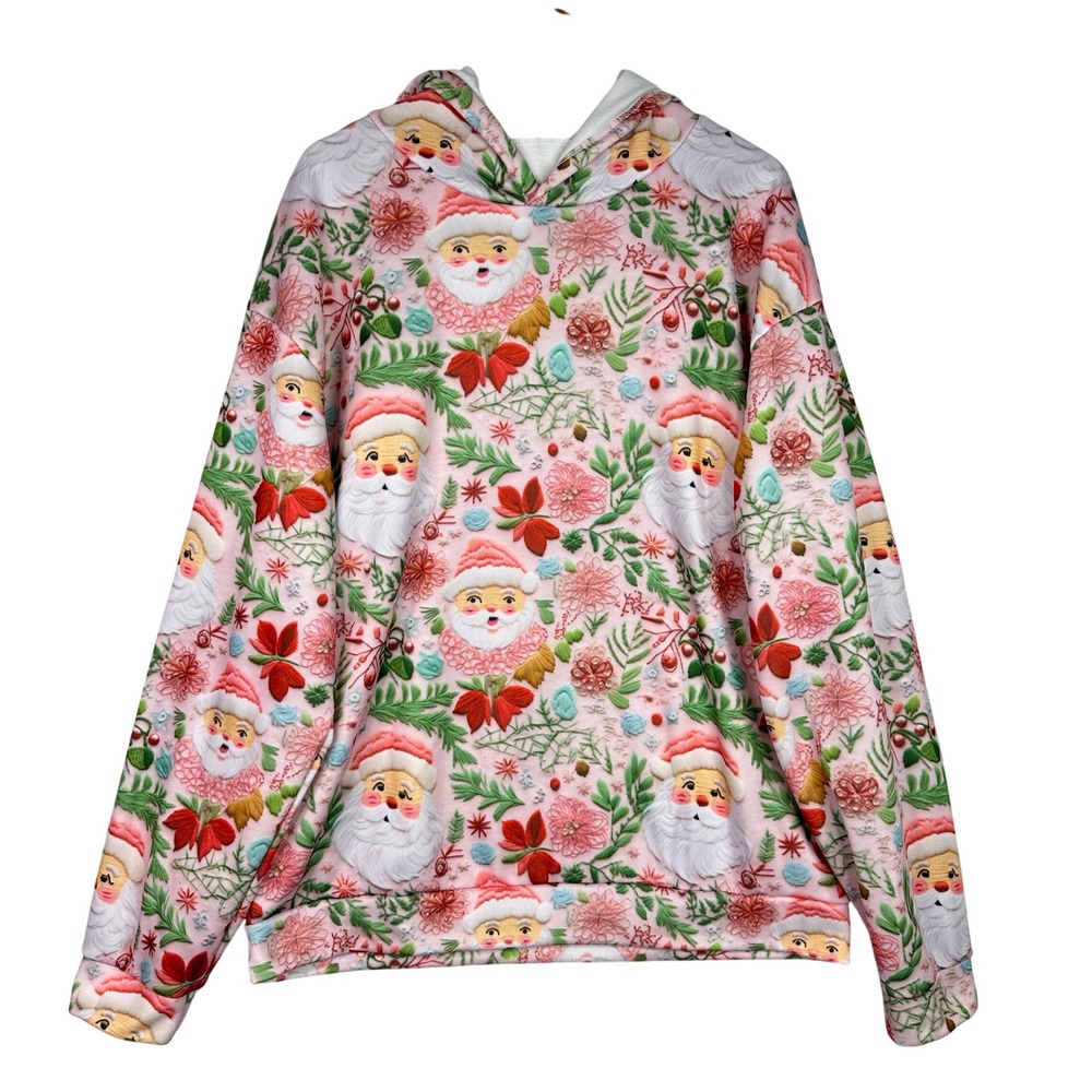 Womens 4XL Festive Santa Floral Print Hoodie Pink Long Sleeve‎ Cozy Christmas